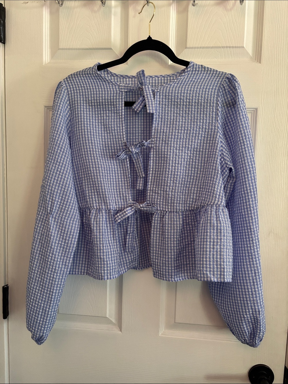 Blue & White Gingham Tie-Front Peplum Top